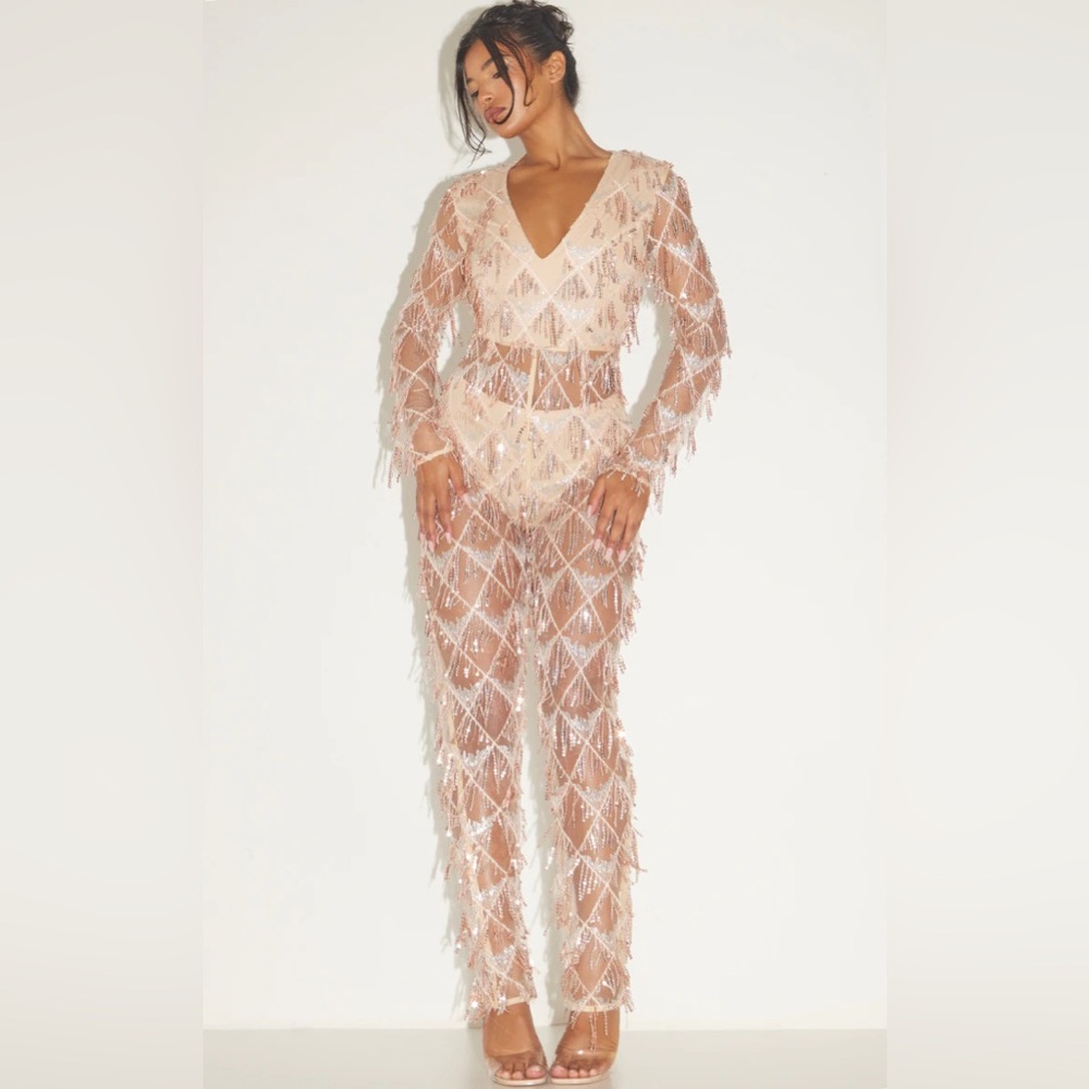 ROSE GOLD TASSEL SEQUIN JUMPSUIT for Christmas or New Years Eve!